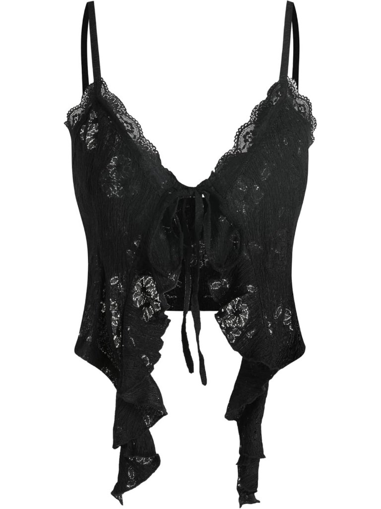 Y2k Tie Front Asymmetrical Ruffle Hem Lace Crop Top - Women's Going Out Fashion